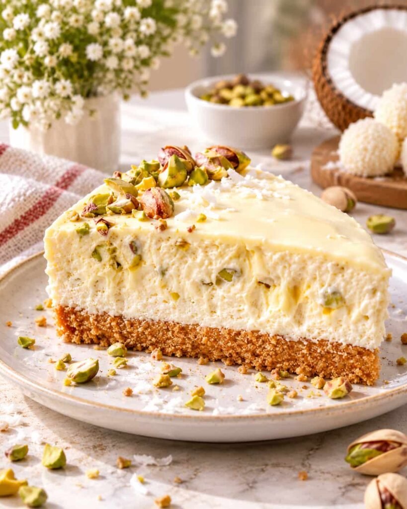 Raffaello cheesecake s pistacijom i kokosom bez pečenja
