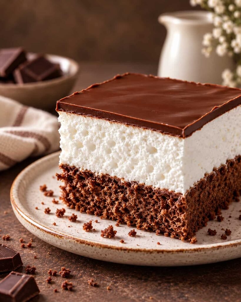 Munchmallow kolač – mekani biskvit, pjenasti sloj i čokoladni preljev